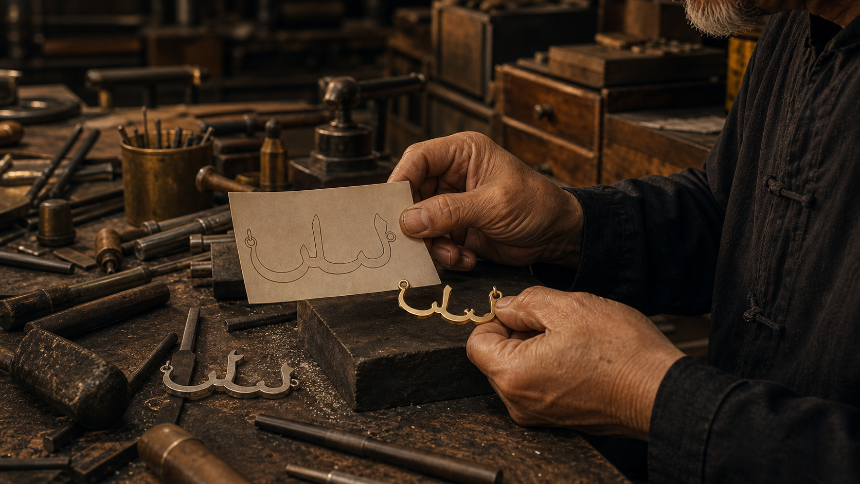 Visual concept of Arabic name layout and a custom jewellery detail