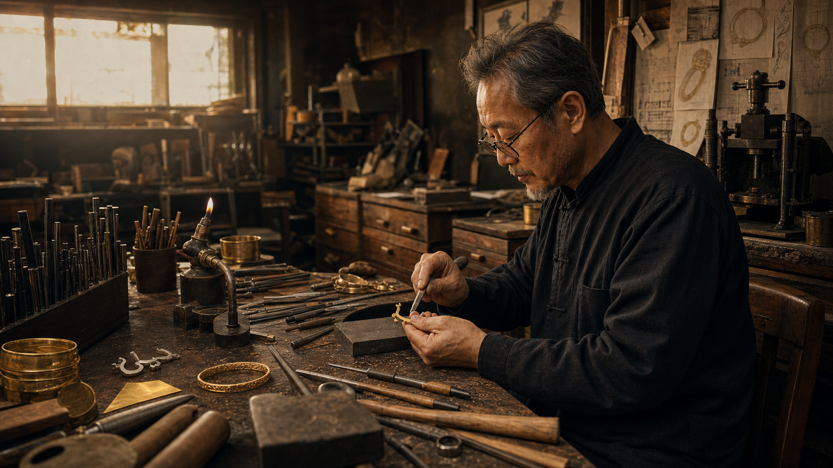 Warm visual concept of an artisan at work in a jewellery workshop