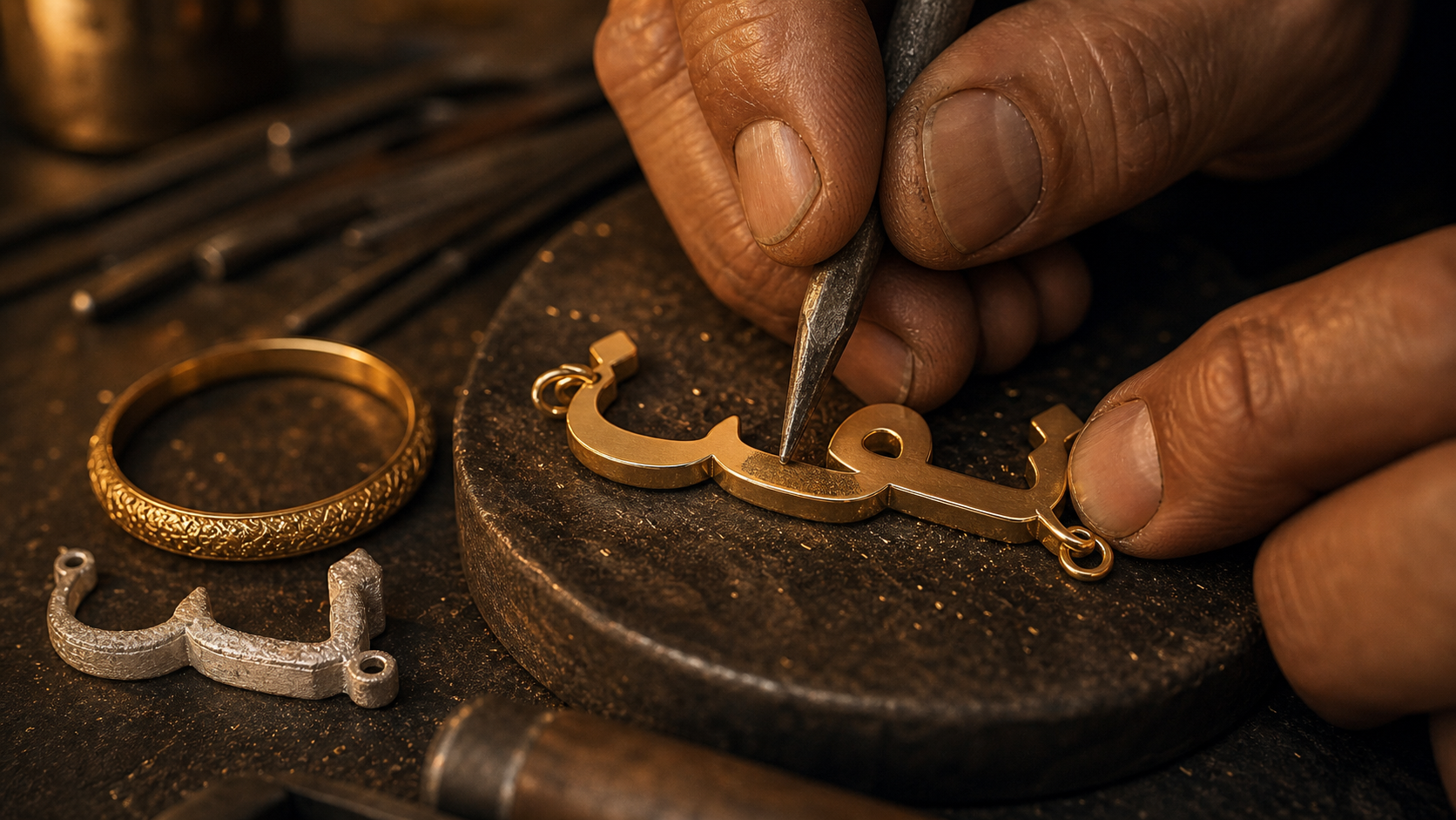 Visual concept of an artisan hand-finishing an Arabic name pendant