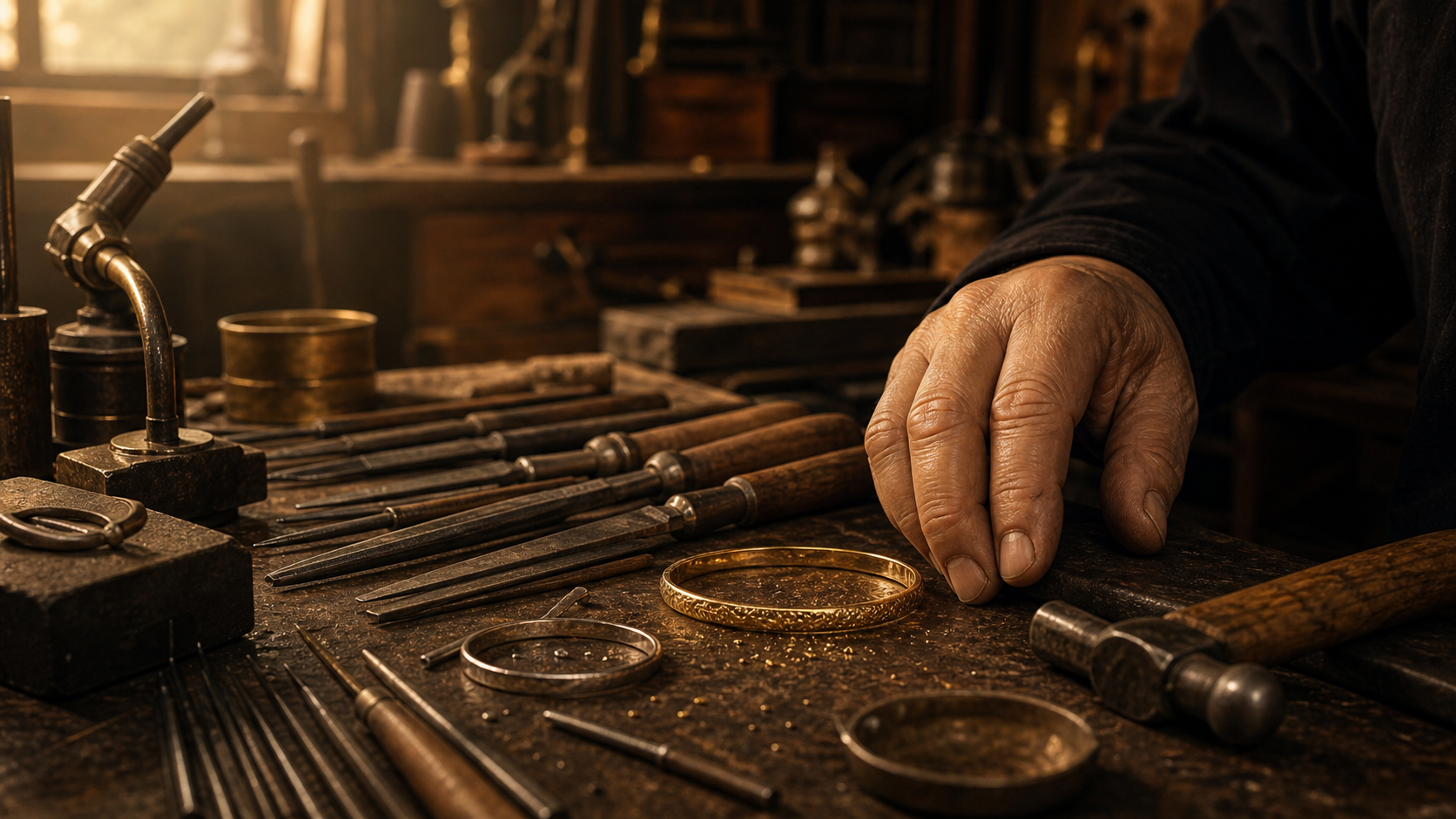 Visual concept of timeworn tools and an engraved bangle