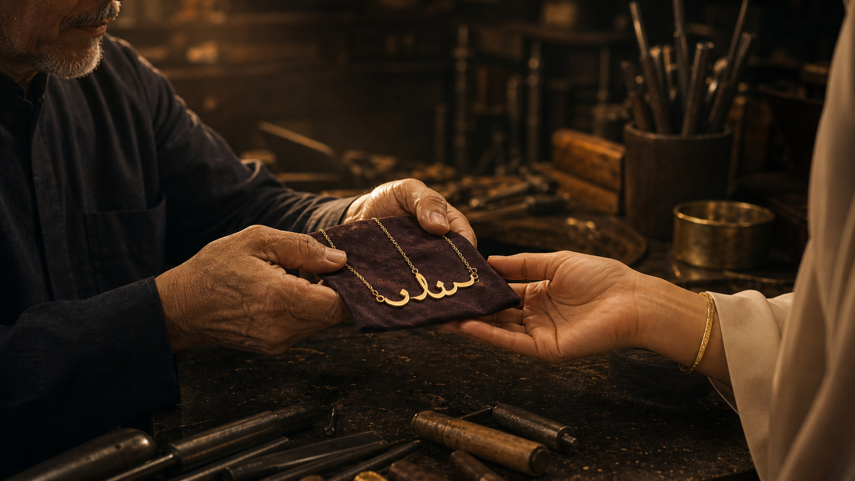 Visual concept of jewellery moving from the maker’s hand to the wearer