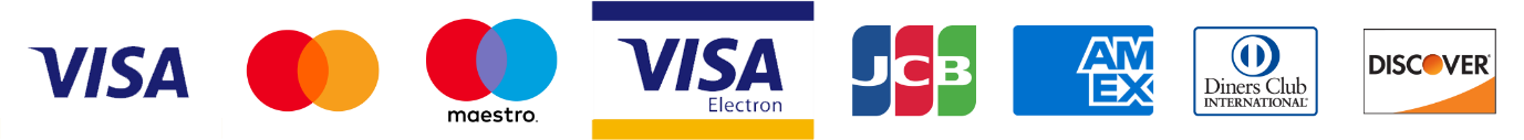 Visa, Mastercard, Maestro, Visa Electron, JCB, American Express, Diners Club and Discover