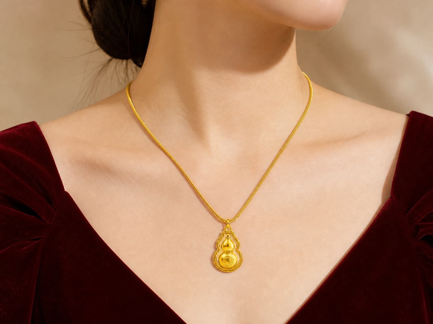 Fu-character Rotating Gourd Necklace worn view