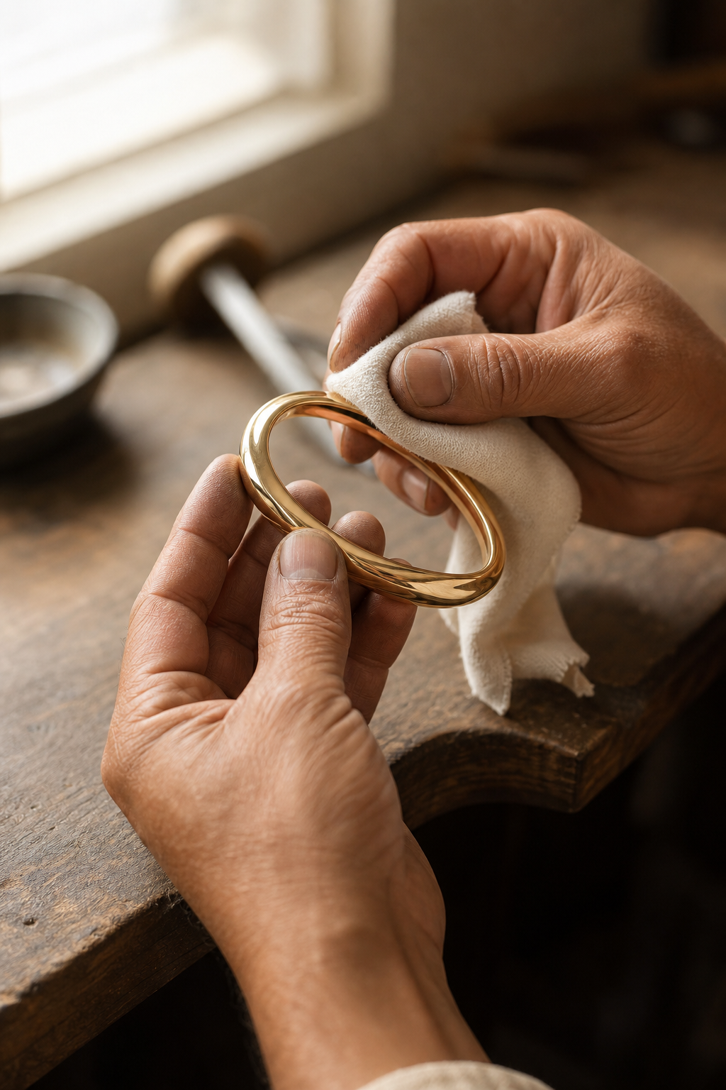 Artisan hands polishing a sculptural bangle